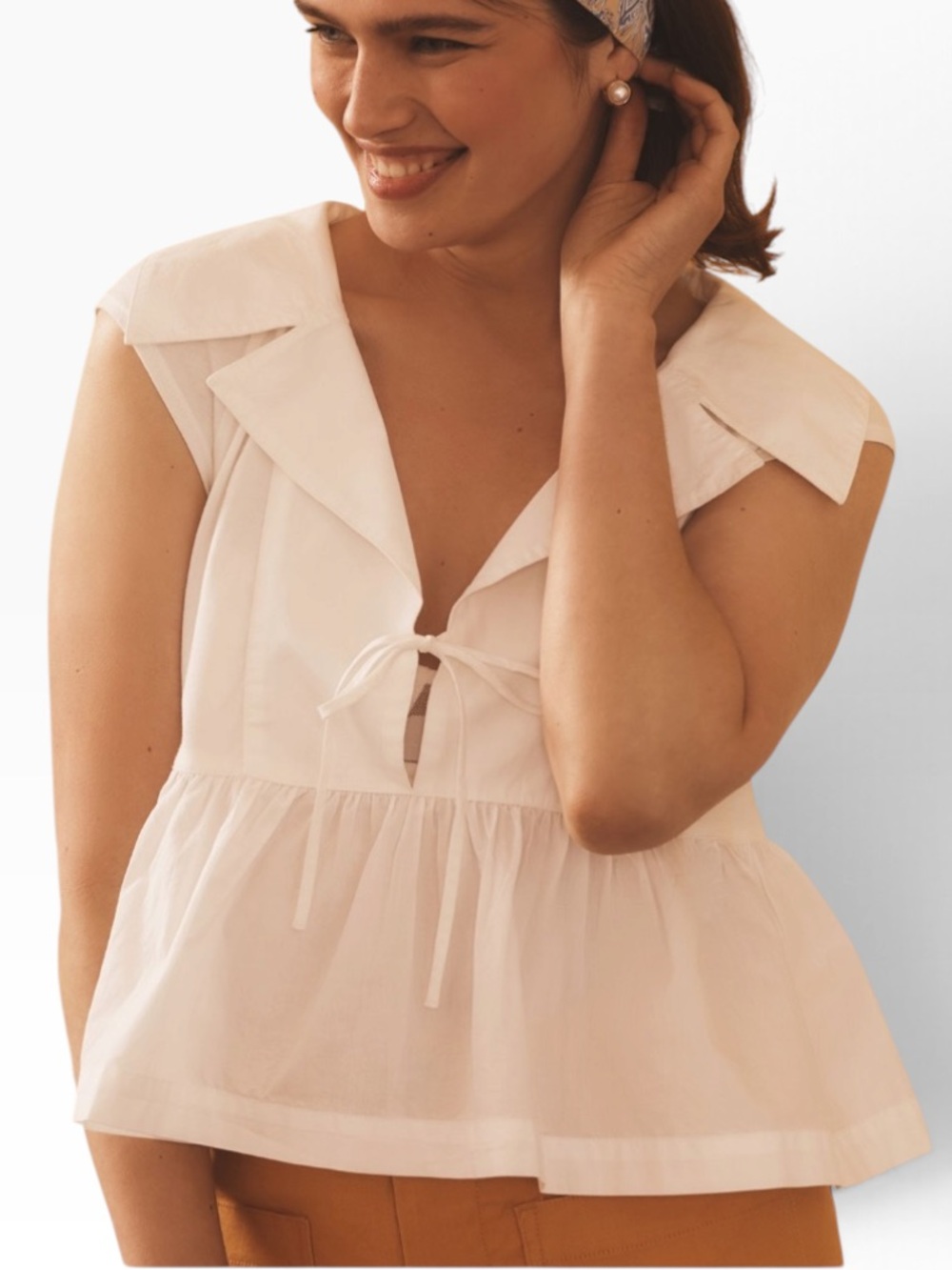 Maeve anthropologie Babydoll blouse white Tie-Front Peplum Chemise Top medium